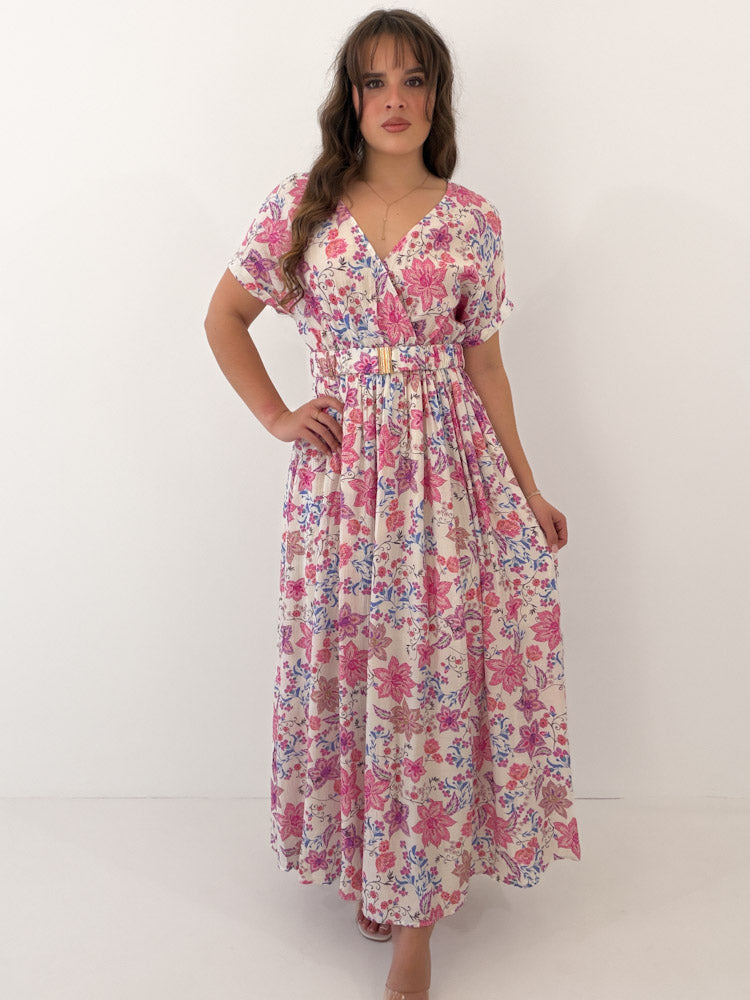 "Florie Dress" langes Maxikleid aus Viscose - creme/ rosa