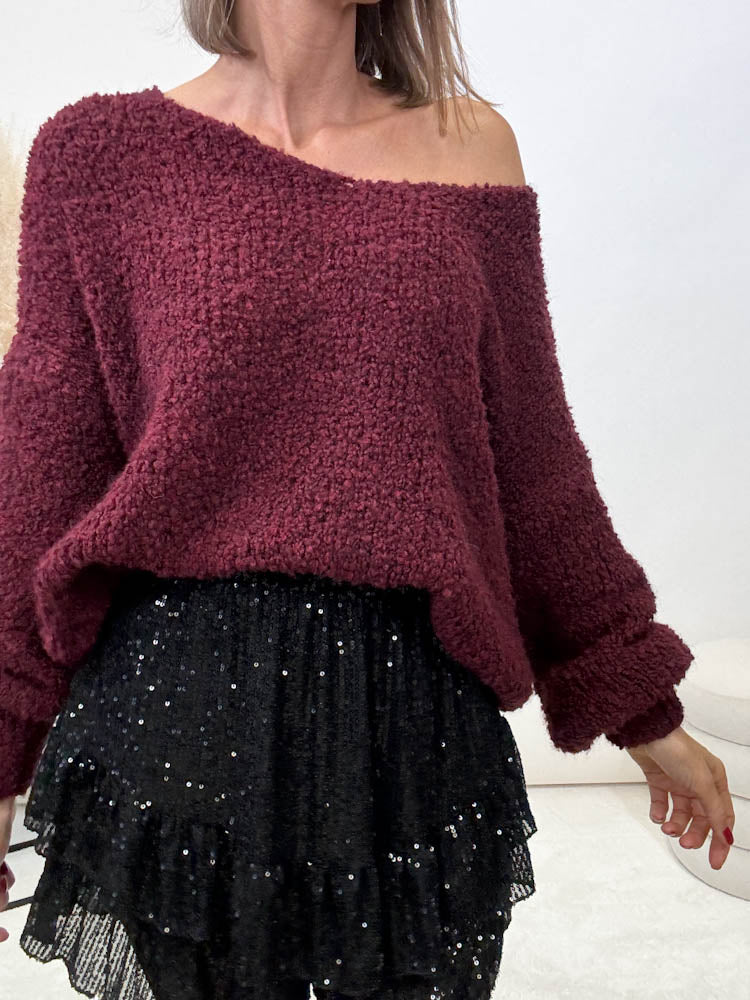 "Bouclé V" kuscheliger Pulli - bordeaux