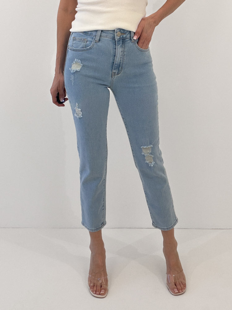 "Milos" Mom Destroyed Fit Jeans - blau