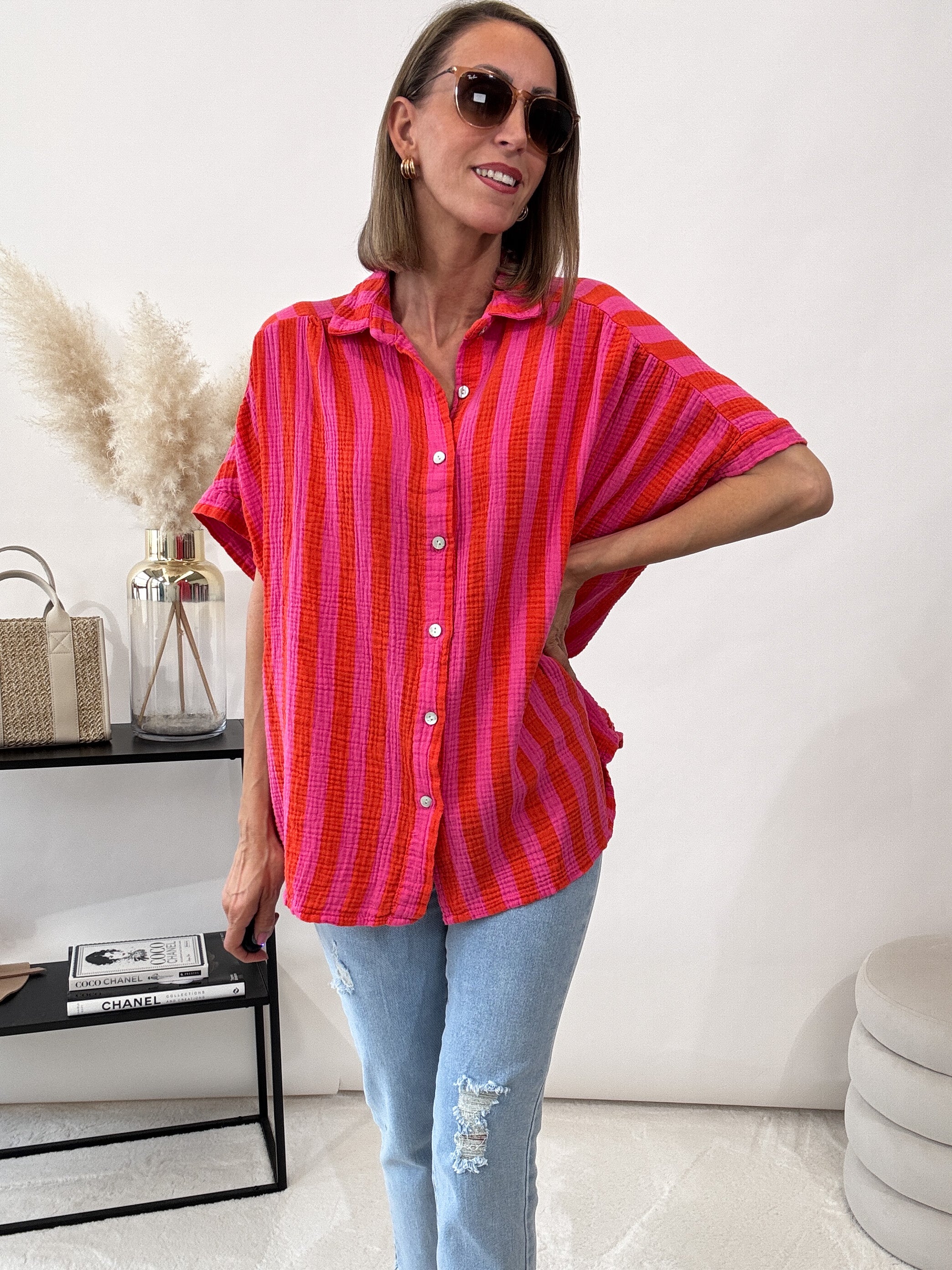 "Waffle Stripes Summer" Midi-Bluse aus Baumwolle (Musselin)- pink/orange