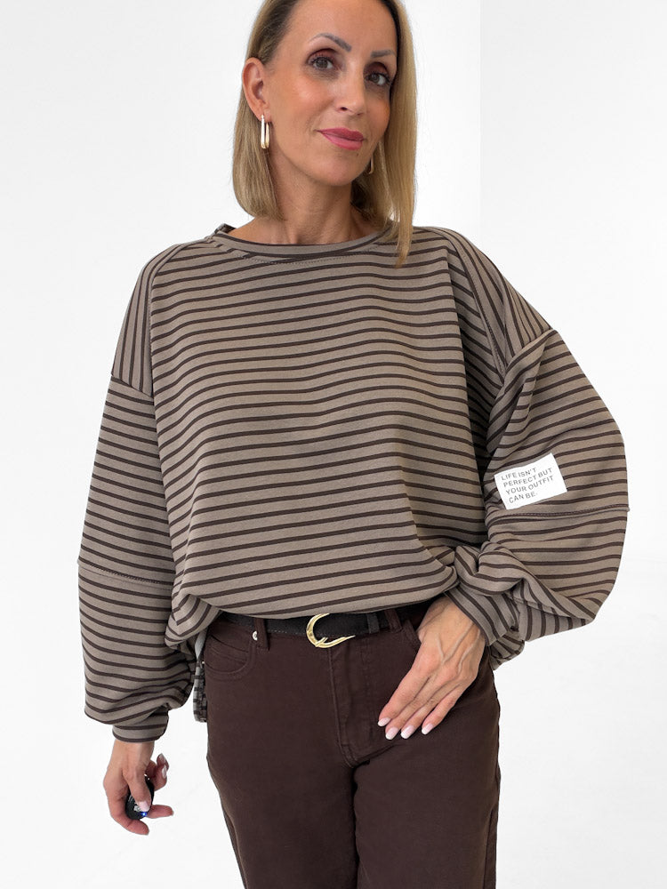 "Lagos Stripes" Oversize Pullover aus Baumwolle - mocca/braun