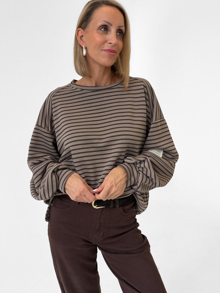 "Lagos Stripes" Oversize Pullover aus Baumwolle - mocca/braun
