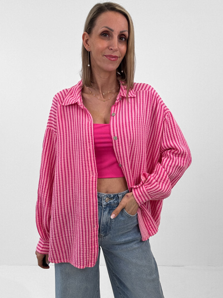 "Waffle Stripes 2.0 Midi" kurze Musselinbluse - rosa/pink