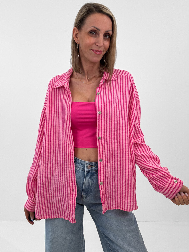 "Waffle Stripes 2.0 Midi" kurze Musselinbluse - rosa/pink