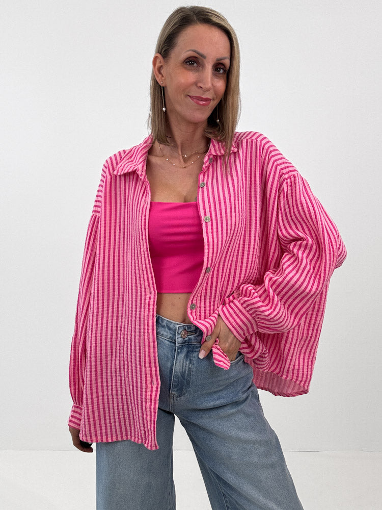 "Waffle Stripes 2.0 Midi" kurze Musselinbluse - rosa/pink
