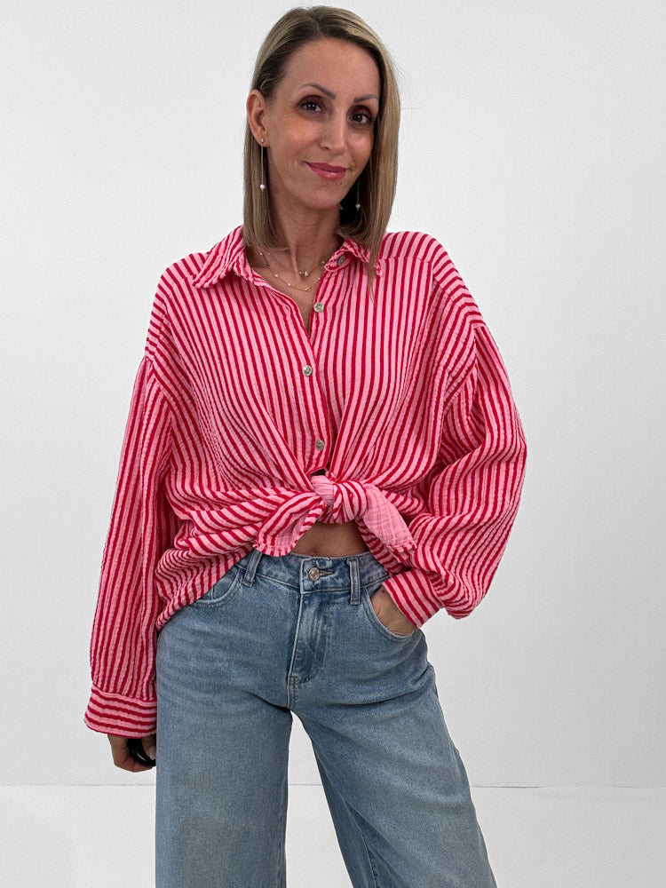 "Waffle Stripes 2.0 Midi" kurze Musselinbluse - rosa/rot