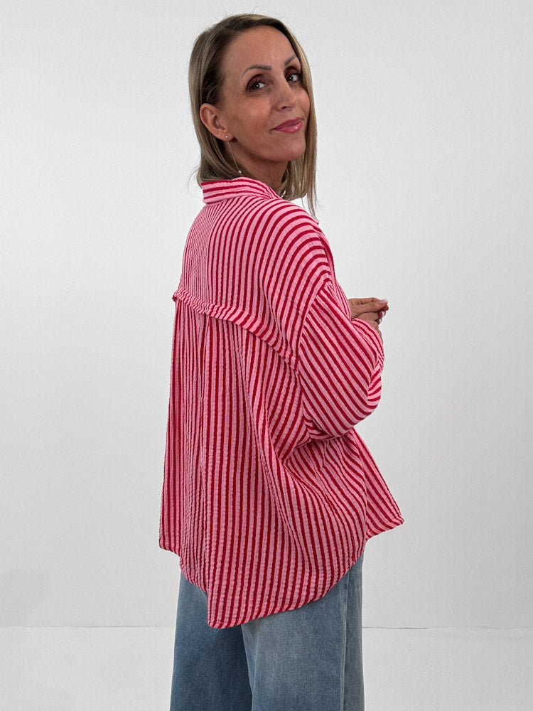 "Waffle Stripes 2.0 Midi" kurze Musselinbluse - rosa/rot