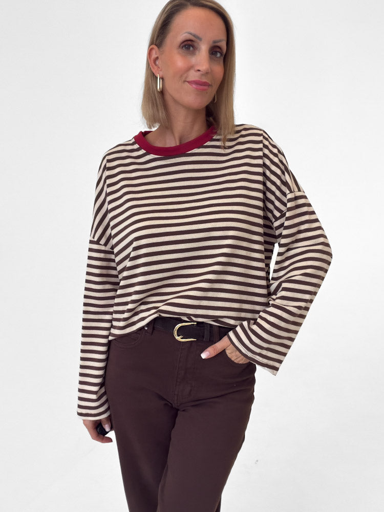 "Noa Linea Long" tolles Streifen-Longshirt aus Baumwolle - beige/braun