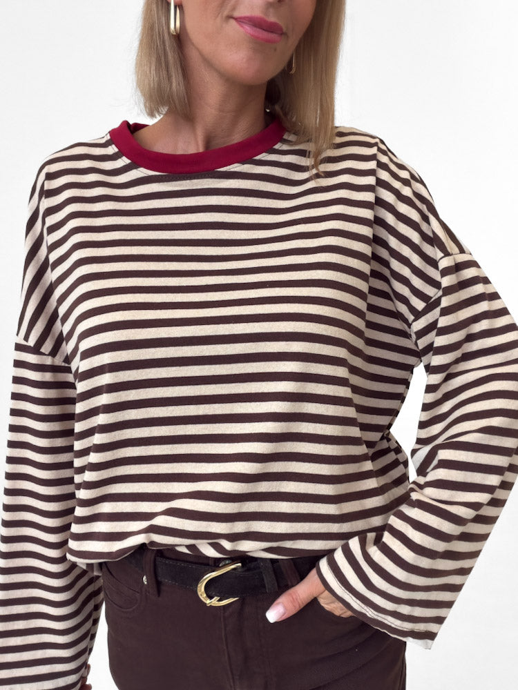"Noa Linea Long" tolles Streifen-Longshirt aus Baumwolle - beige/braun