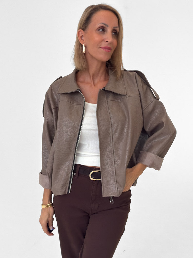 "Denver" tolle Bikerjacke in Lederoptik - mocca