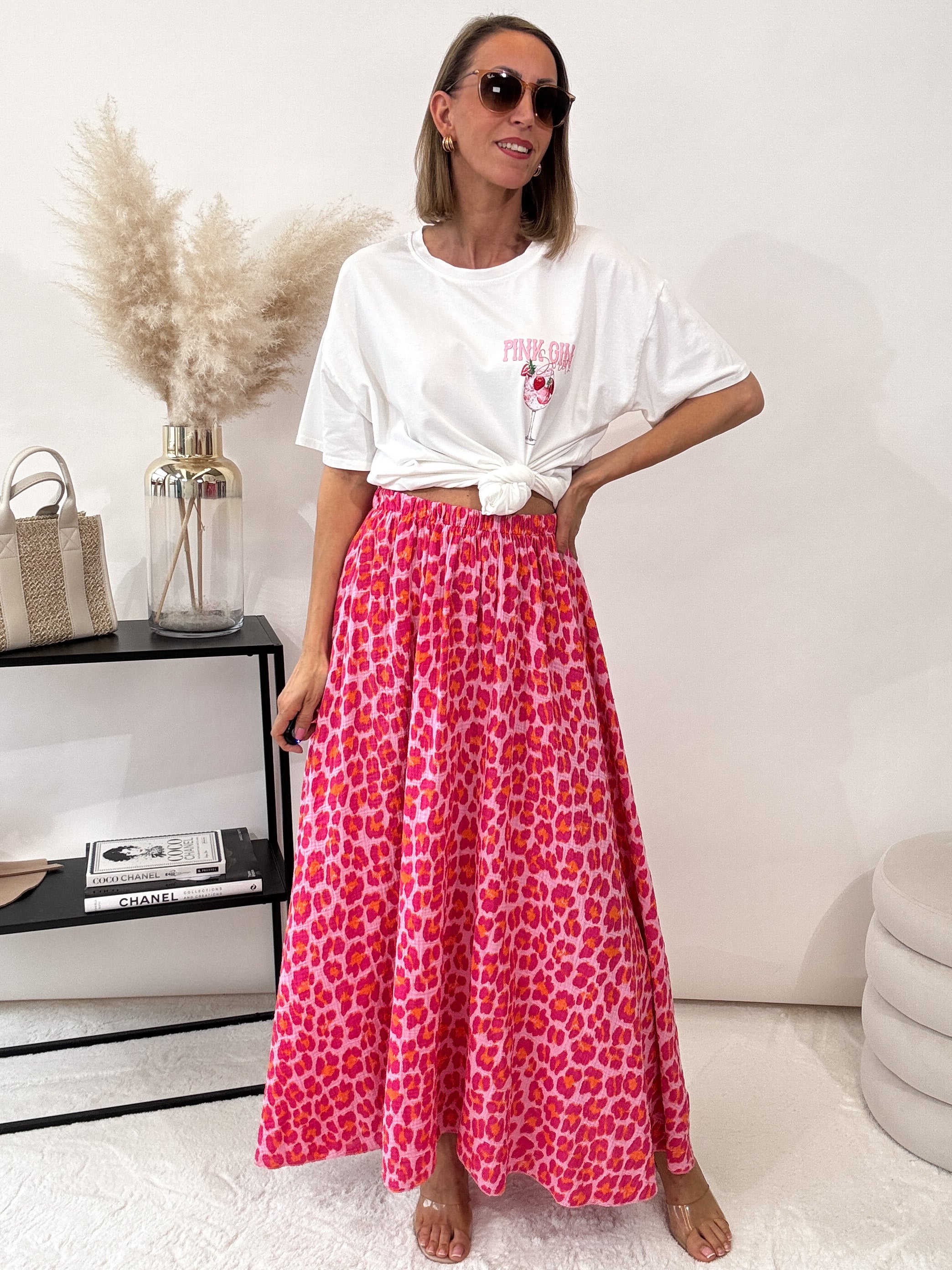 "Waffle Leo Skirt" langer Rock aus Baumwolle (Musselin) - pink/orange