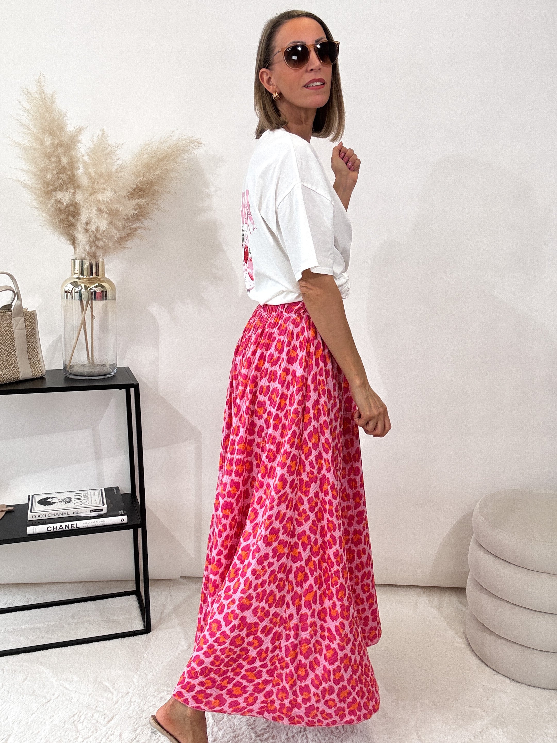 "Waffle Leo Skirt" langer Rock aus Baumwolle (Musselin) - pink/orange