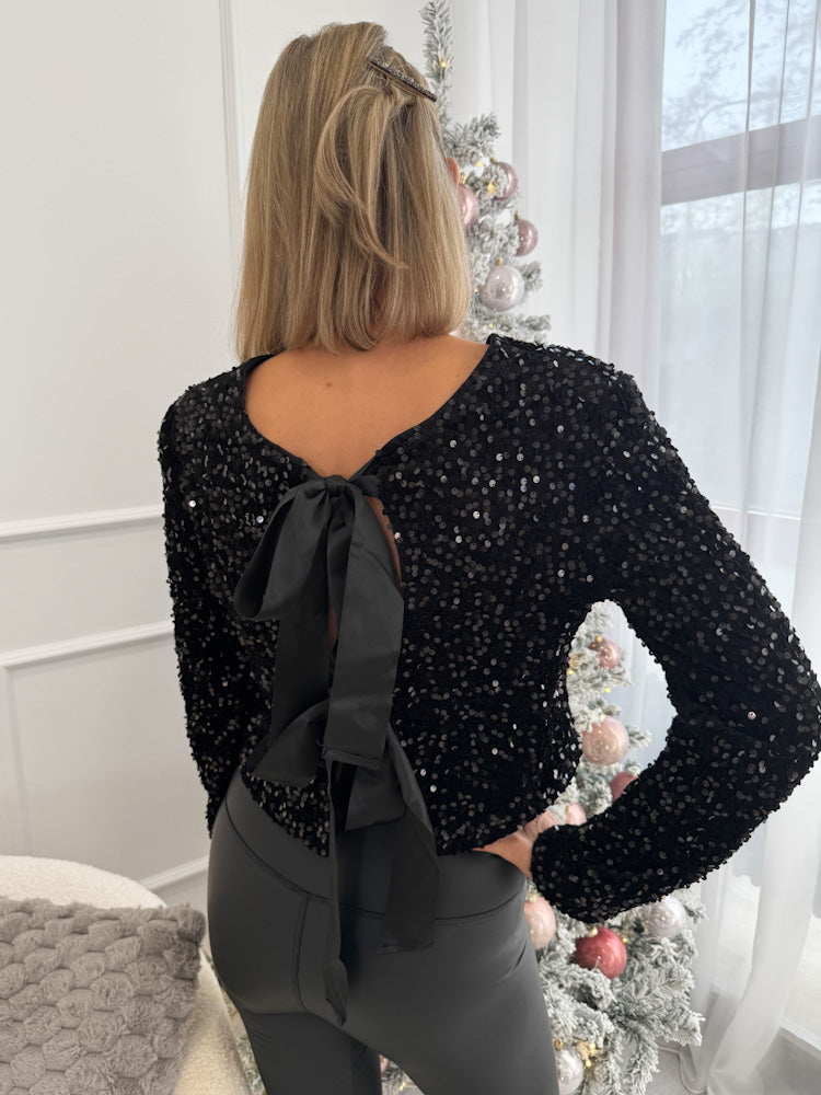 "Sparkle Luxe"- Paillettentop mit Schleife - schwarz