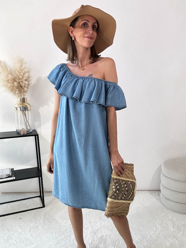 "Denim Robe" Offshoulder Kleid aus Lyocell- light blue