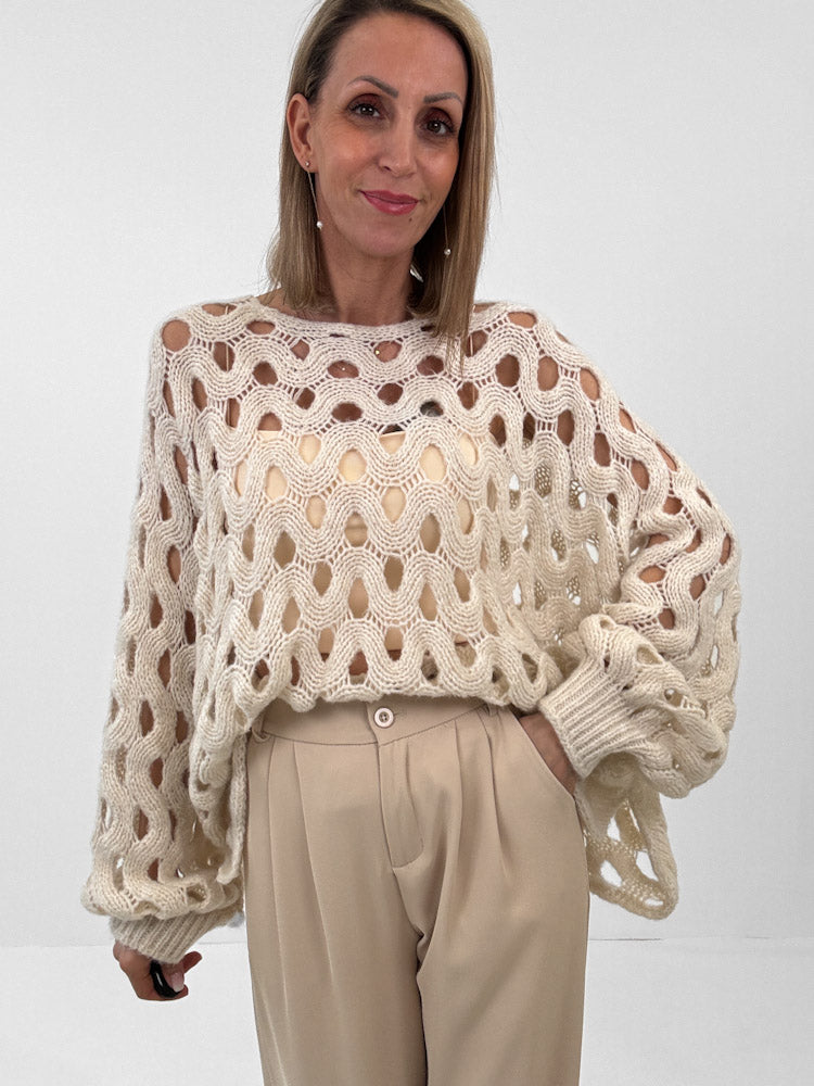 "Ibiza" Pulli mit Lochmuster aus Lana-Wolle - beige