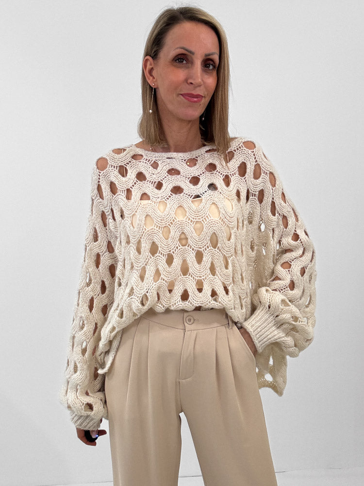 "Ibiza" Pulli mit Lochmuster aus Lana-Wolle - beige