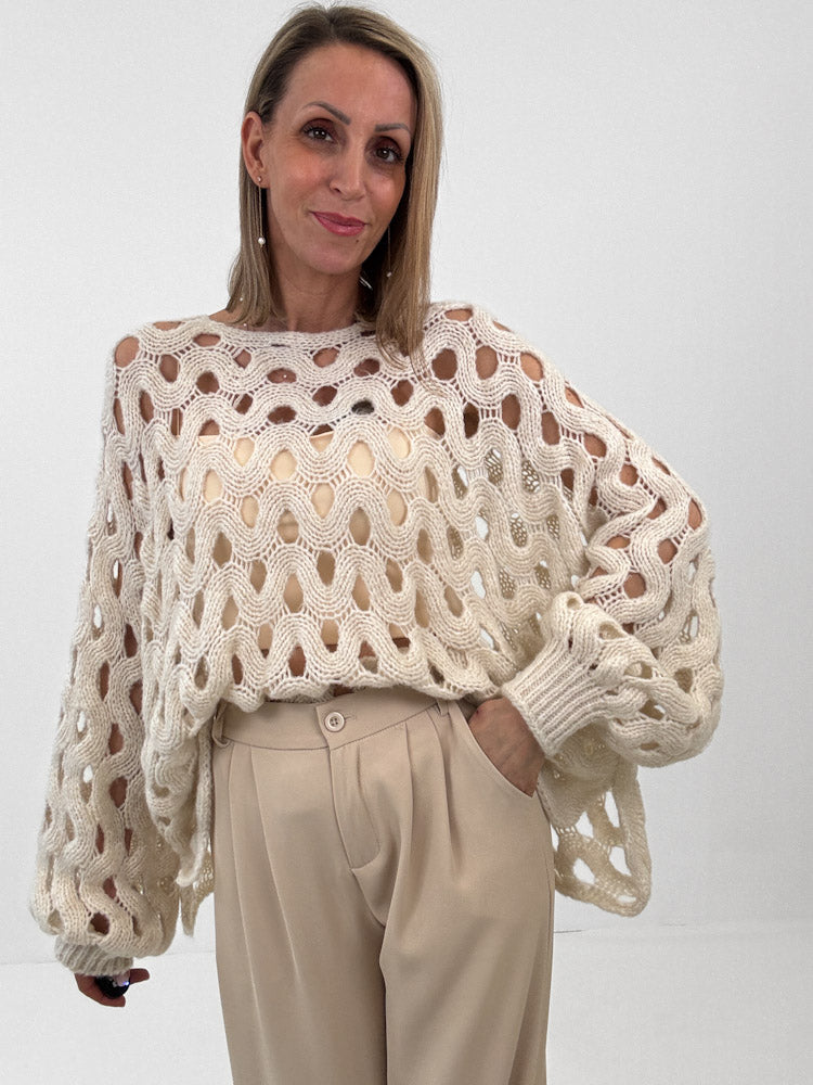 "Ibiza" Pulli mit Lochmuster aus Lana-Wolle - beige