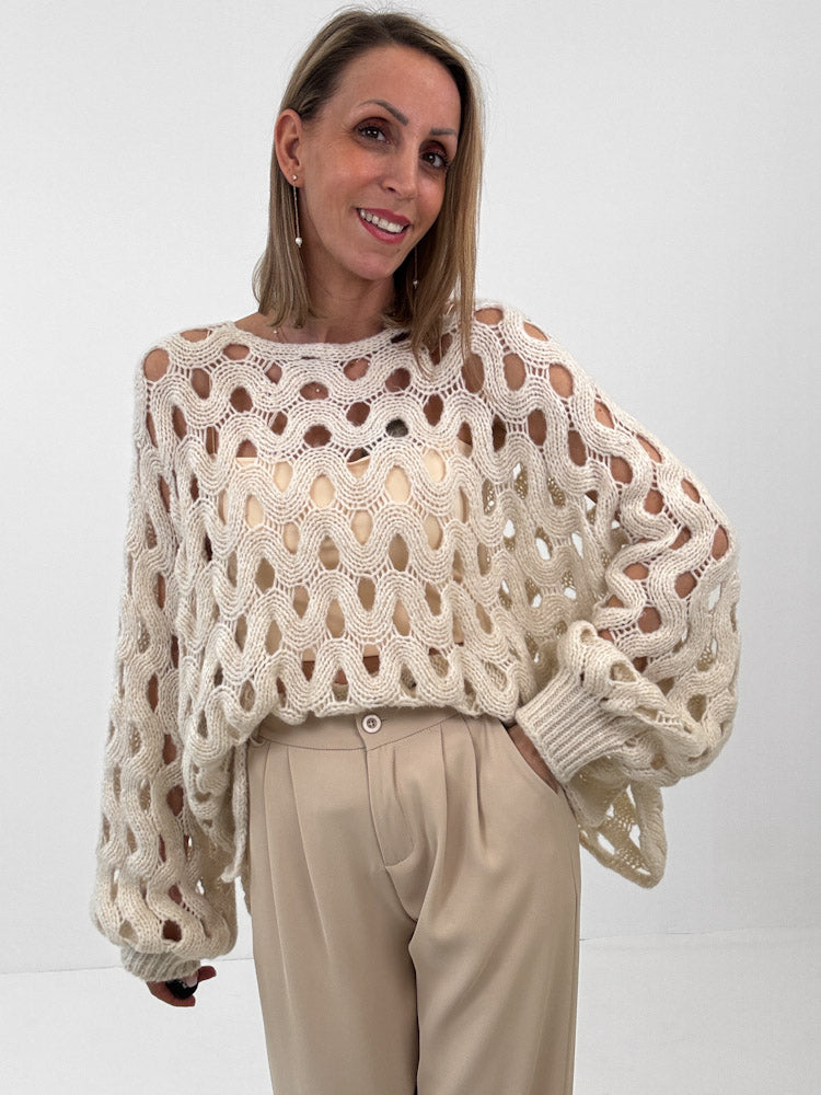 "Ibiza" toller Bohopullover mit Lochmuster aus Lana-Wolle - beige