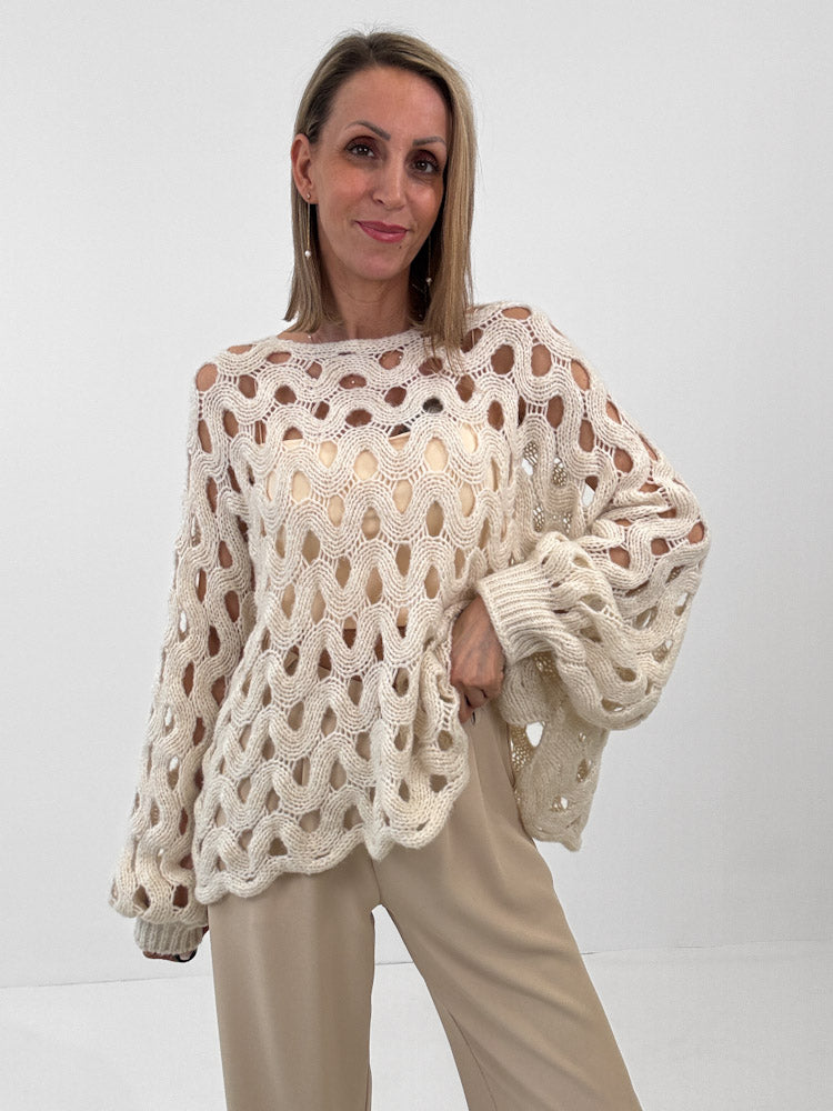 "Ibiza" Pulli mit Lochmuster aus Lana-Wolle - beige