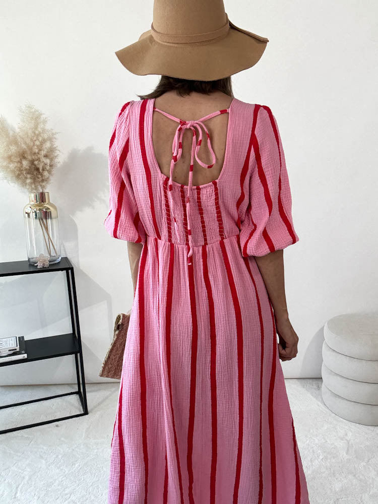 ,,Waffel Dress Stripe"- Maxikleid aus Musselin - rosa/rot
