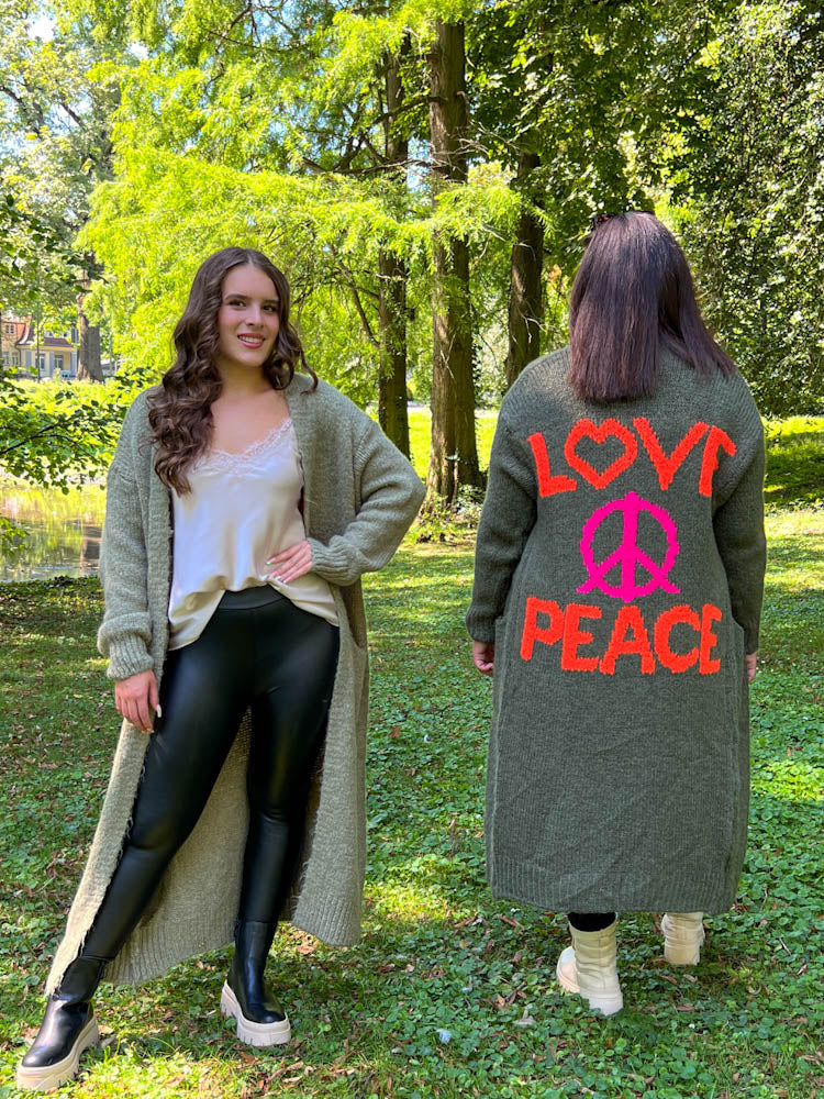 "Love&amp;Peace" Lange Cardigan - matcha green