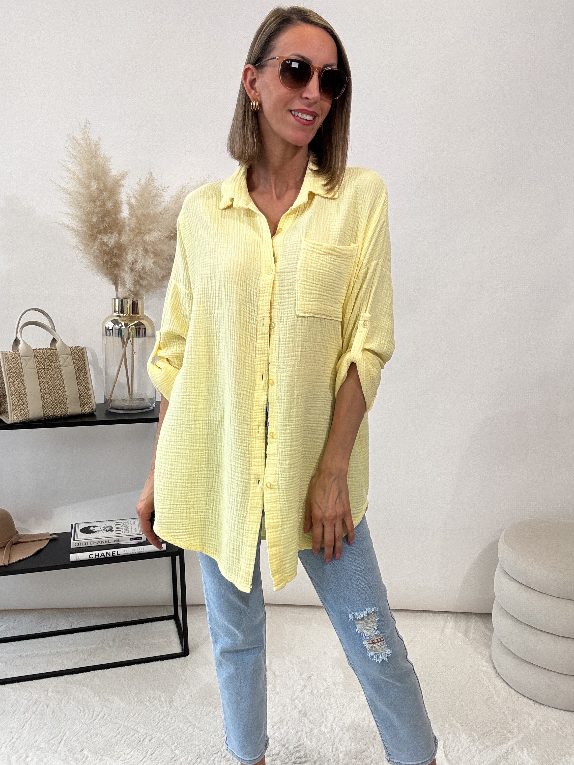 "Waffle Shirt" Bluse aus Musselin - gelb