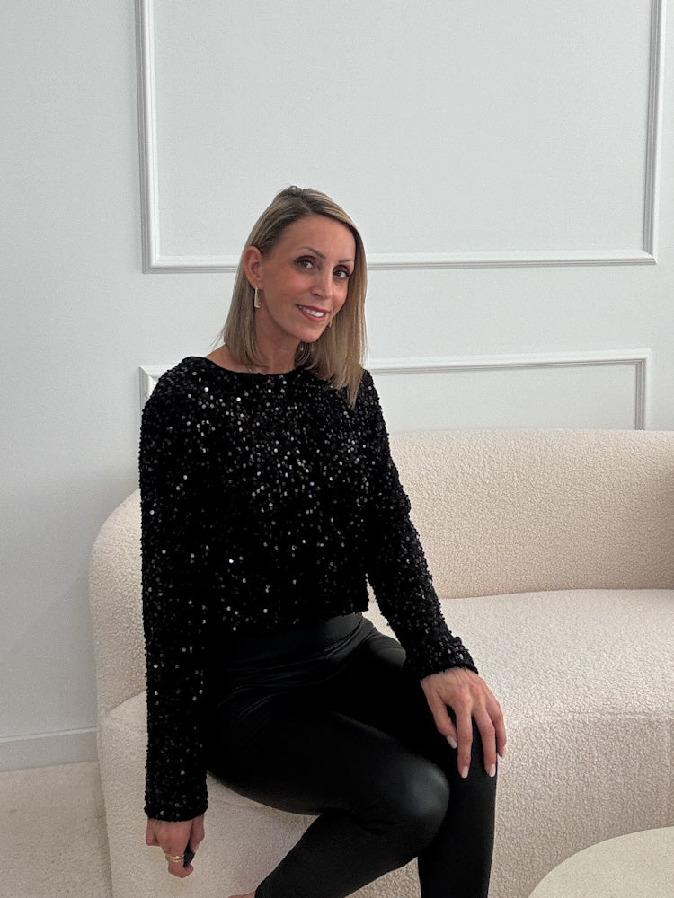 "Sparkle Luxe"- Paillettentop mit Schleife - schwarz