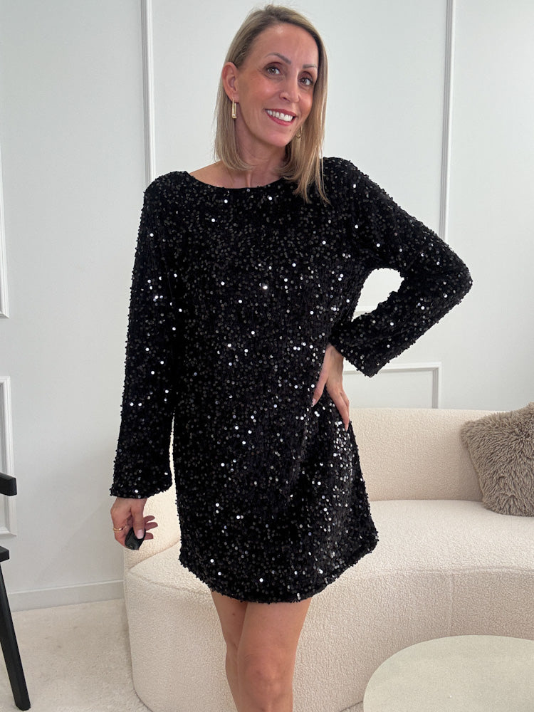 "Sparkle Dress"- Paillettenkleid mit Schleife - schwarz