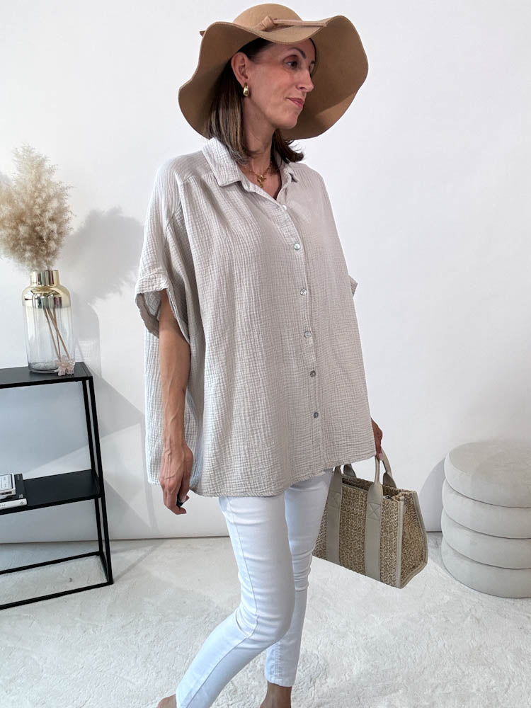 "Waffle Summer" Bluse aus Baumwolle (Musselin)- taupe
