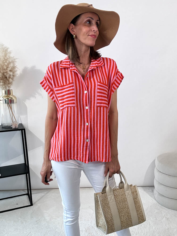 "Waffle Stripe" Bluse aus Musselin - rosa/orange