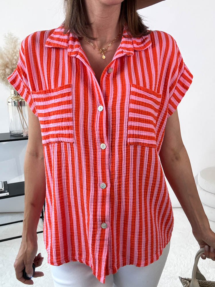 "Waffle Stripe" Bluse aus Musselin - rosa/orange