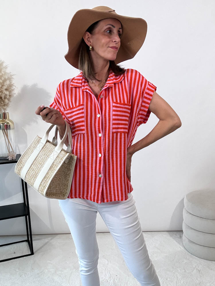 "Waffle Stripe" Bluse aus Musselin - rosa/orange