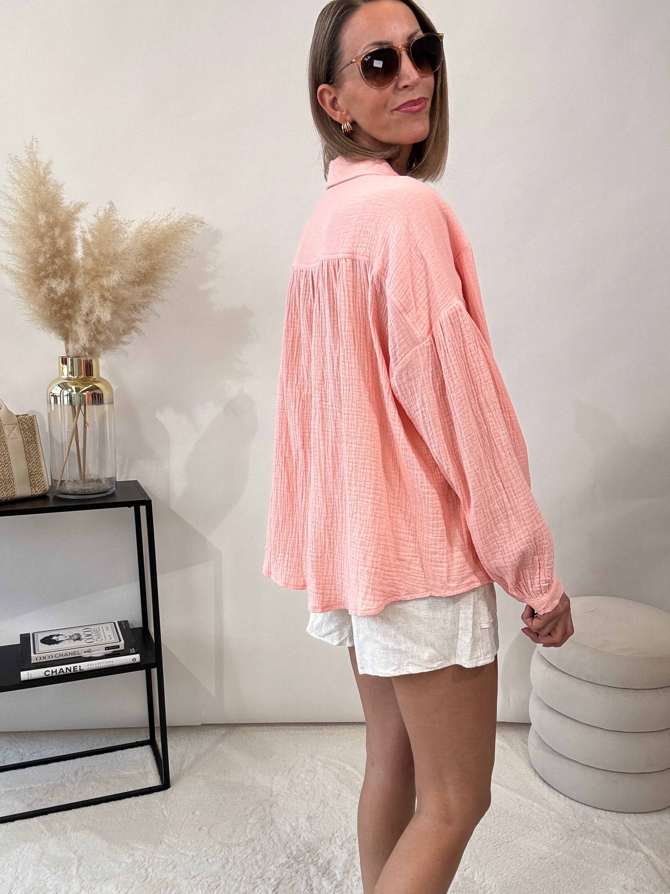 "Waffle Palm Midi" kurze Musselinbluse - peach