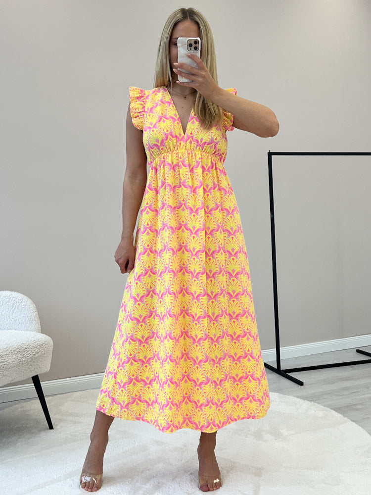 "Pianosa Tropical" - tolles Maxikleid aus Musselin - gelb/ rosa