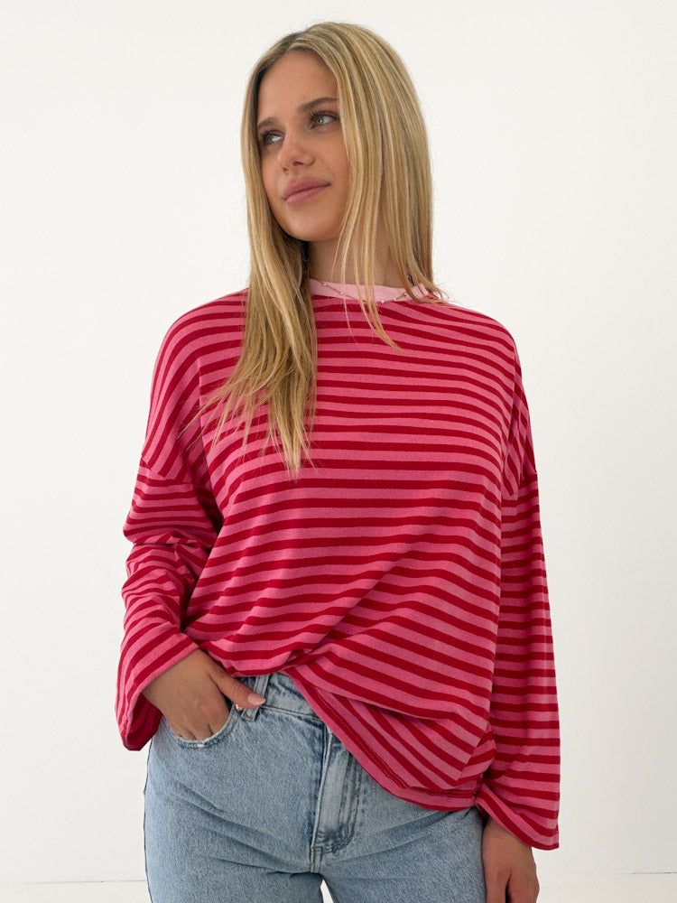 "Noa Linea Long" tolles Streifen-Longshirt aus Baumwolle - pink/rot