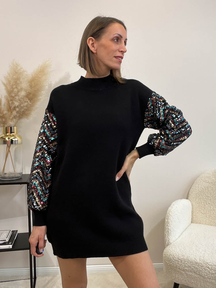 "Sequins Dress" Pulloverkleid mit Pailletten - schwarz
