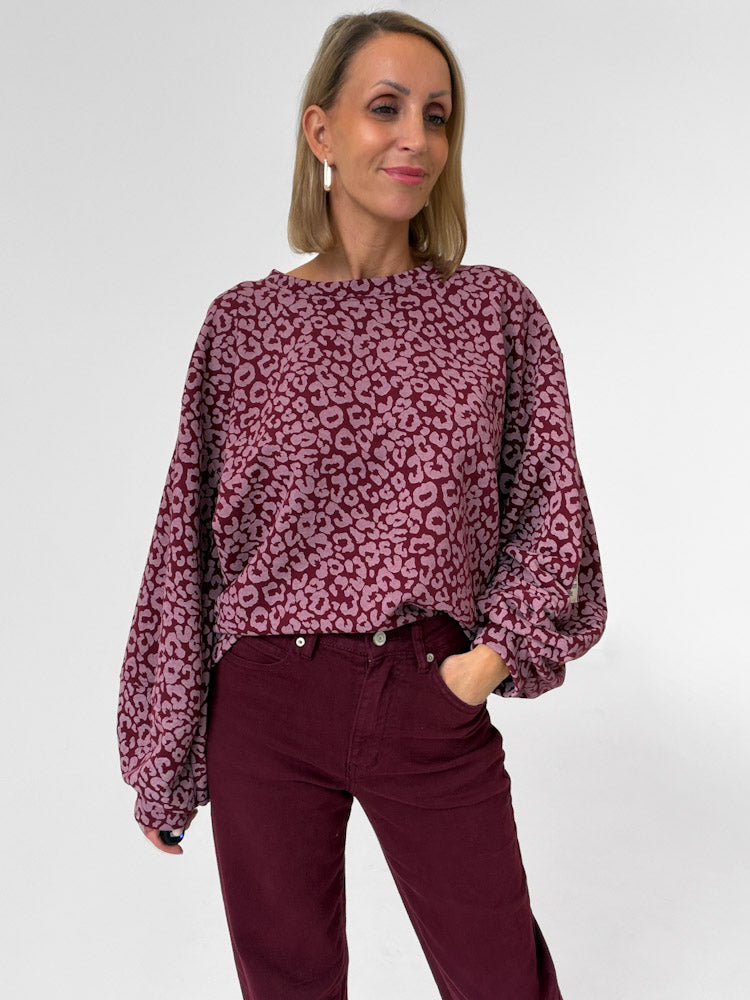 "Mirella" Leo Pullover in Leoprint - bordeaux