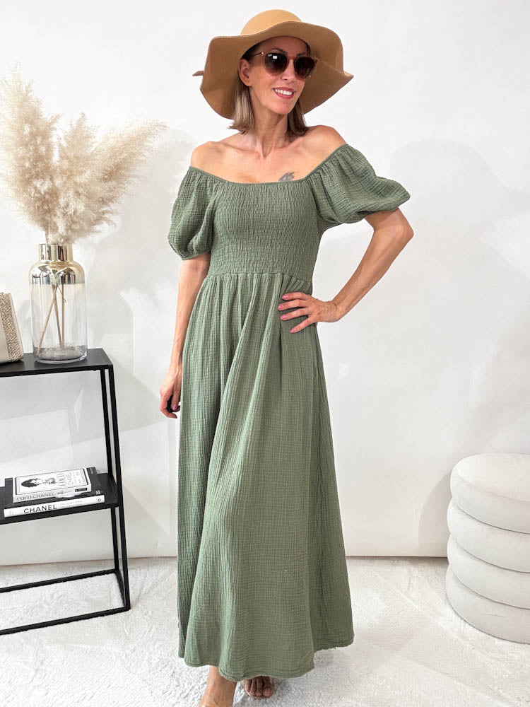 "Turino Waffel Dress" - schönes Maxikleid aus Musselin - matcha grün