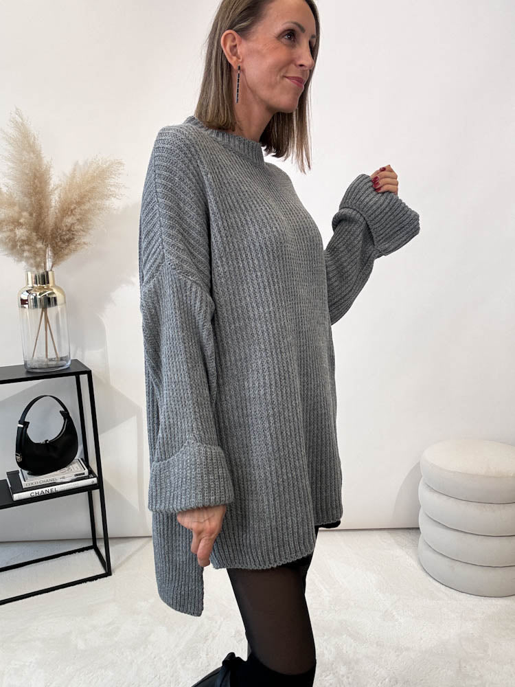 Strickpullover mit Schlitz - grau