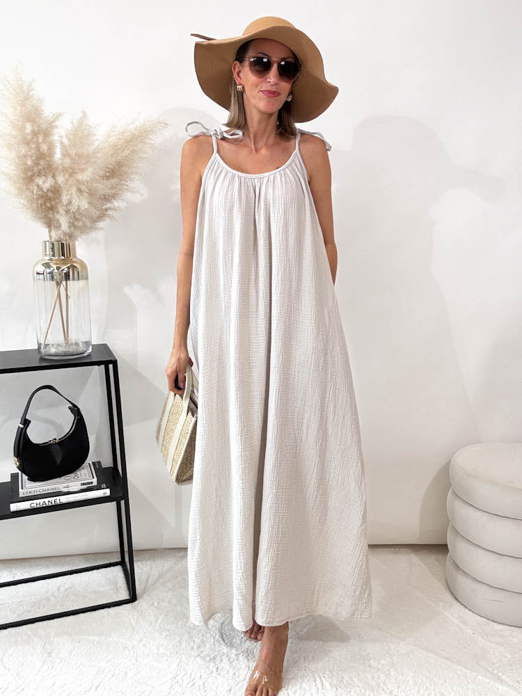 ,,Waffel Dress"- Maxikleid aus Musselin - beige
