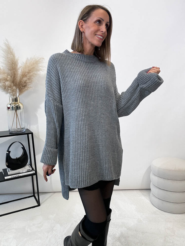 Strickpullover mit Schlitz - grau