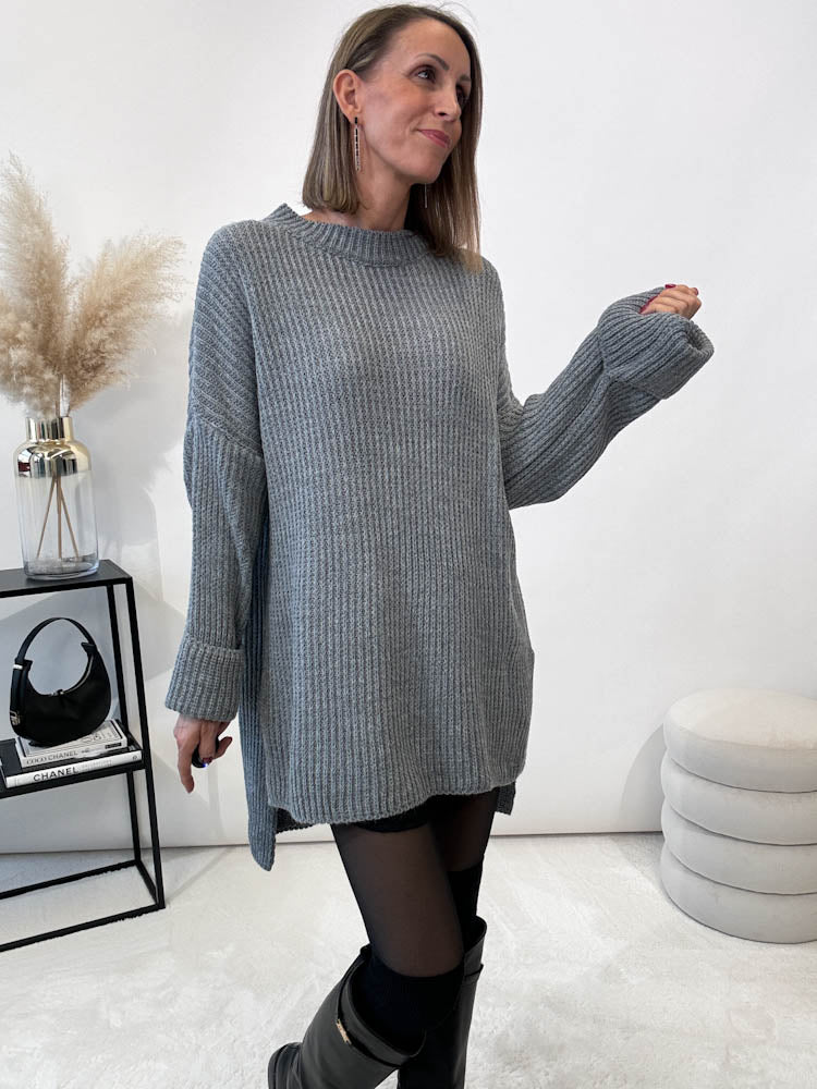 Strickpullover mit Schlitz - grau