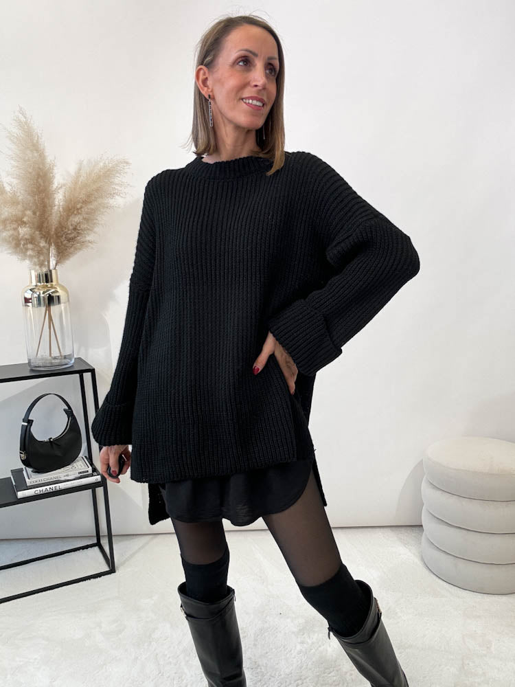 Strickpullover mit Schlitz - schwarz