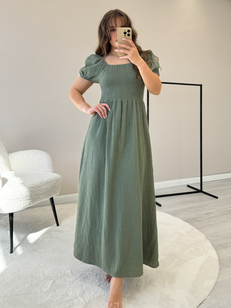 "Turino Waffel Dress" - schönes Maxikleid aus Musselin - matcha grün