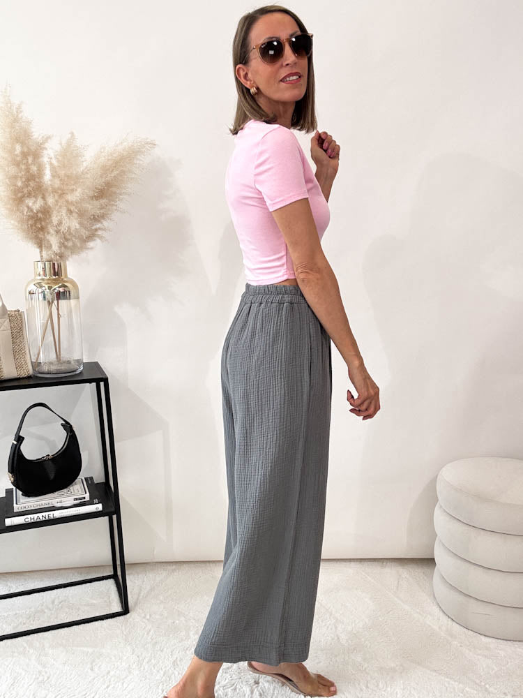 "Waffle Culotte" Hose aus Musselin - grey