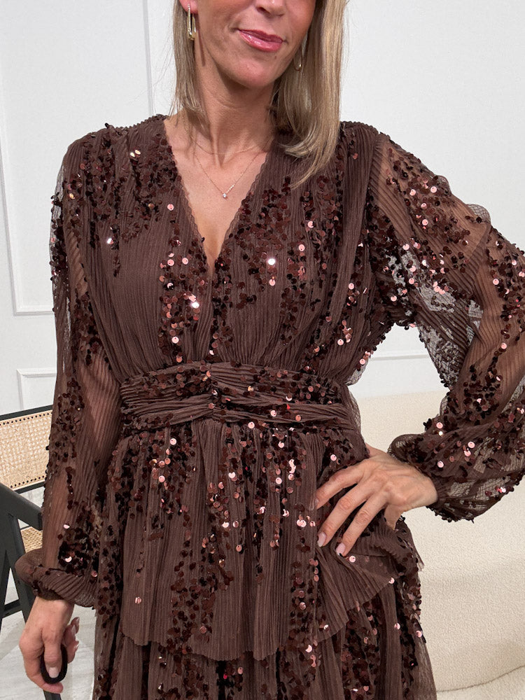 "Sequin Plissee" Kleid mit Pailletten - braun