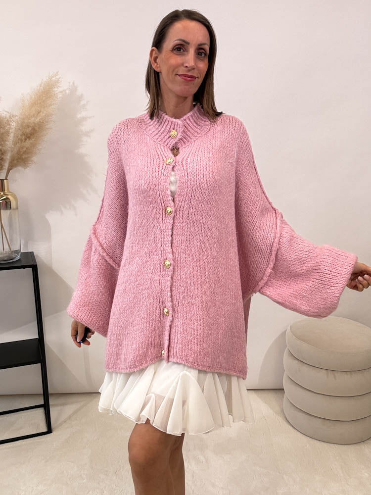 "Cozy Button" kuscheliger Oversize Cardigan - rosa