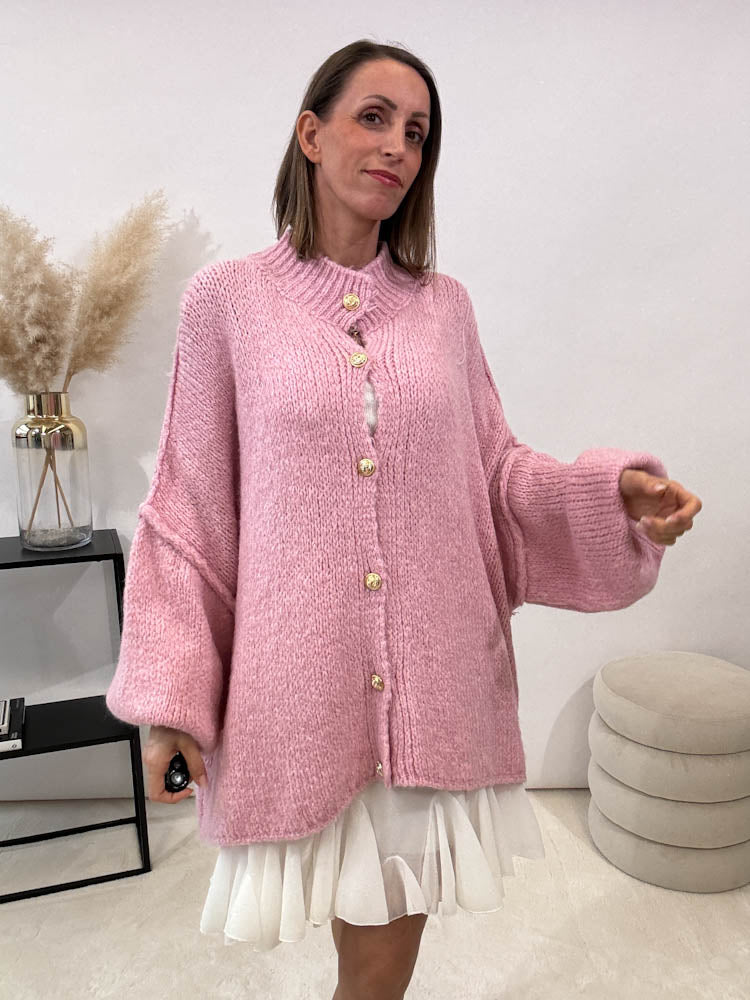 "Cozy Button" kuscheliger Oversize Cardigan - rosa