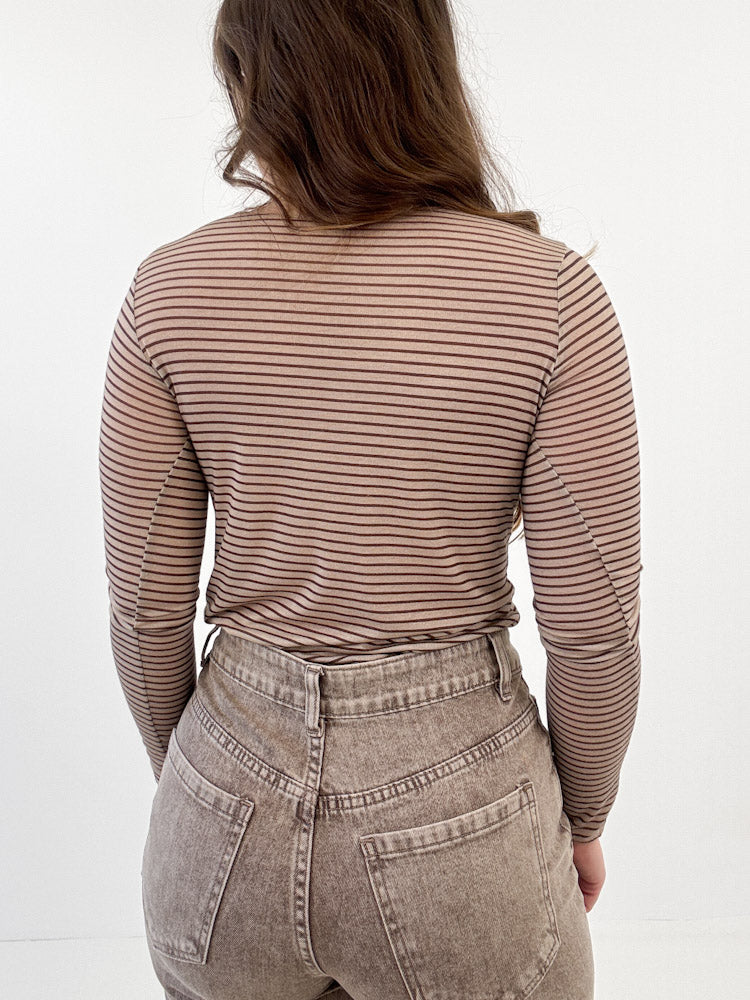 "Como Stripes" kuscheliges Cashmere Longshirt - mocca/beige