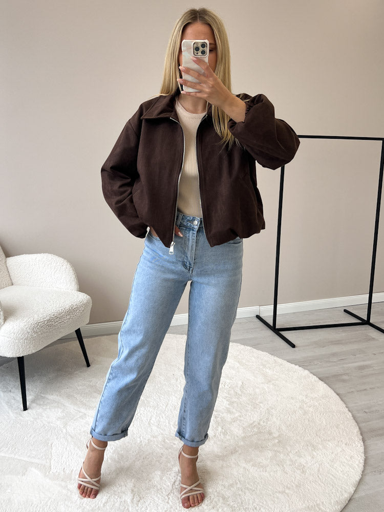"Mona" weiche Jacke in Velourleder Optik  - chocobraun